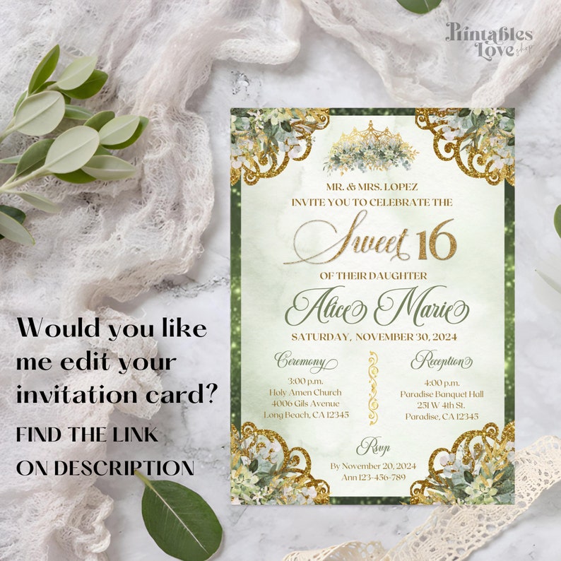 Op de afbeelding: Een groene en gouden uitnodigingskaart voor een Sweet 16-feest. De kaart heeft een bloemmotief met gouden accenten en de tekst "Sweet 16" in gouden letters. De uitnodiging is voor Alice Marie en is gepland voor zaterdag 30 november 2024. De kaart bevat details voor de ceremonie en de receptie.