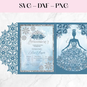 TriFold Winter Wonderland Quinceanera Invitation SVG, DXF, PNG, Snowflakes Mis quince, Sweet 16 invitation, laser cut quinceanera, cricut