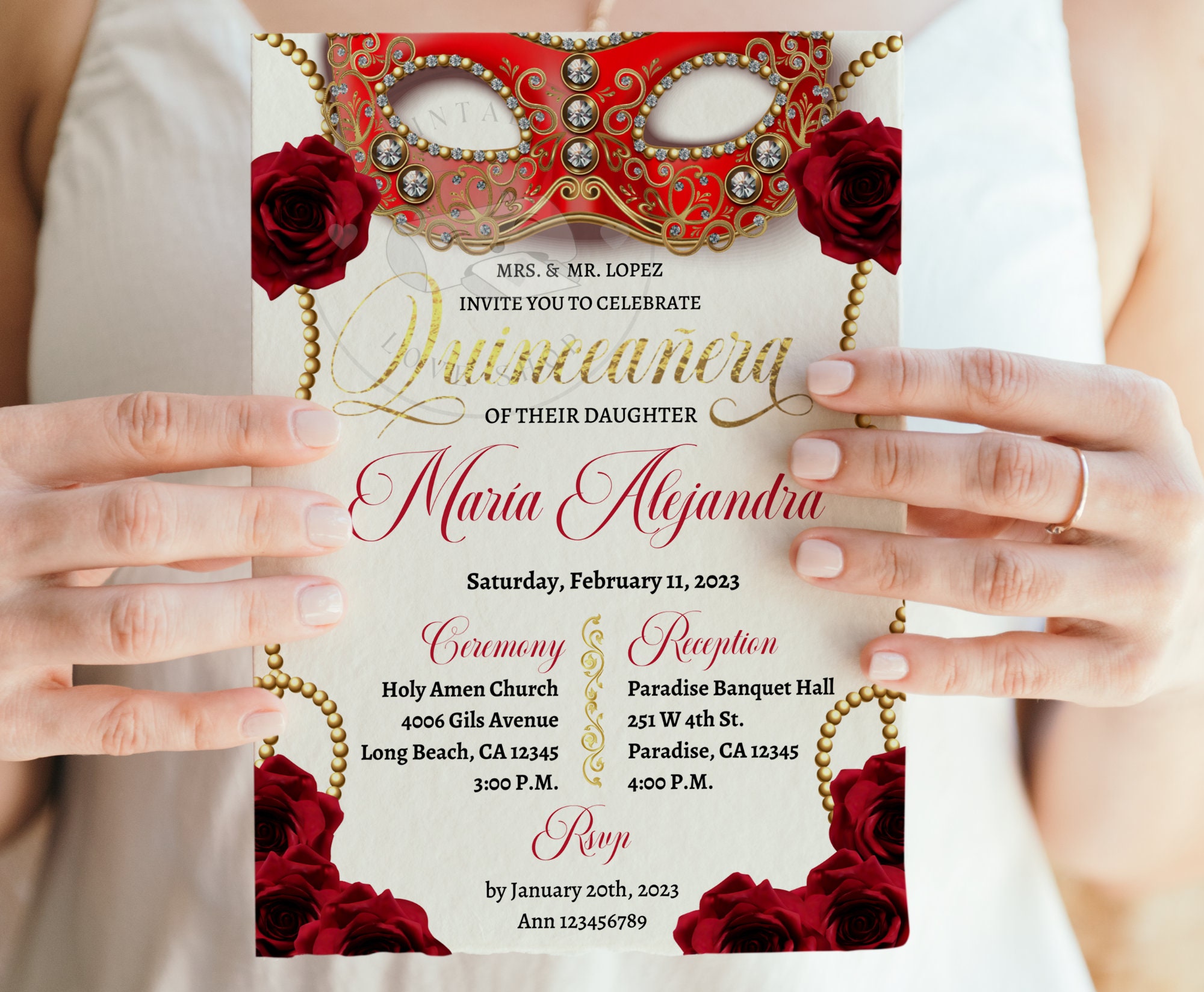 5x7 Masquerade Mardi Gras Quinceanera Invitation Include