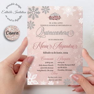 Snowflake invitation, quince invitation, rose gold invite, ice skate invitation, spanish invitation, editable invitation, sweet 16 invite