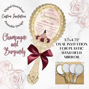 Faire-part Quinceanera bordeaux et beige Faire-part ovale miroir PDF PNG, faire-part princesse, Faire-part ovale personnalisé 3,7 x 4,72 po.