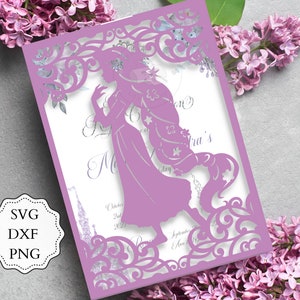 Laser cut Rapunzel Quinceanera Invitation SVG, DXF, PNG. 5x7 Princess Envelope Invitation. Sweet 16. Cricut Silhouette, Princess Invitation.
