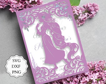 レーザーカット ラプンツェル招待状：プリンセス キンセアニェーラ SVG、DXF、PNG（デジタルファイル）