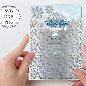 5x7 Snowflakes Quinceanera Invitation Winter Wonderland Pocket Invitation SVG, DXF, PNG. Slide-in , Laser Cut. Cricut Silhouette invitations