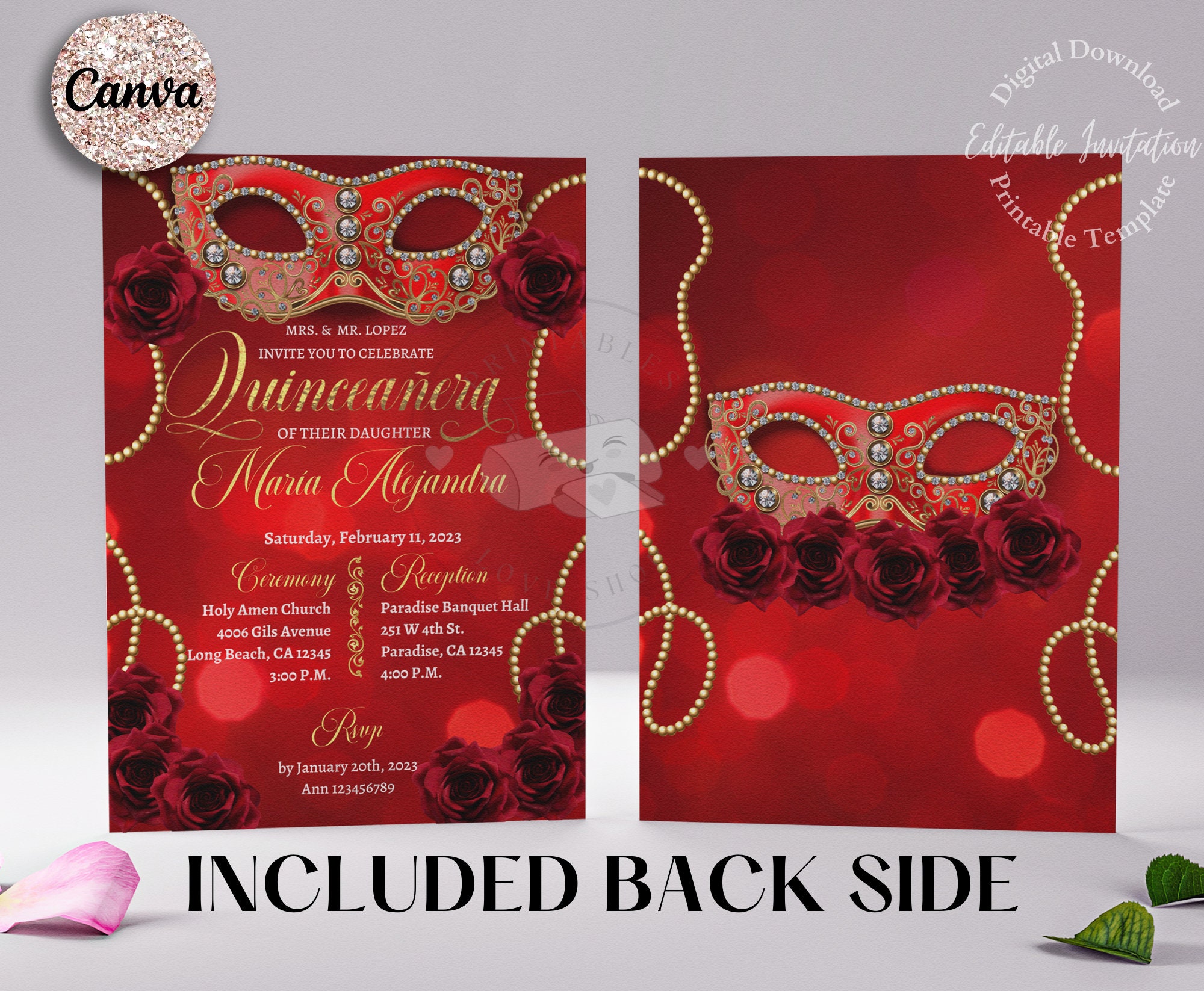 5x7 Masquerade Mardi Gras Quinceanera Invitation Include Back Etsy