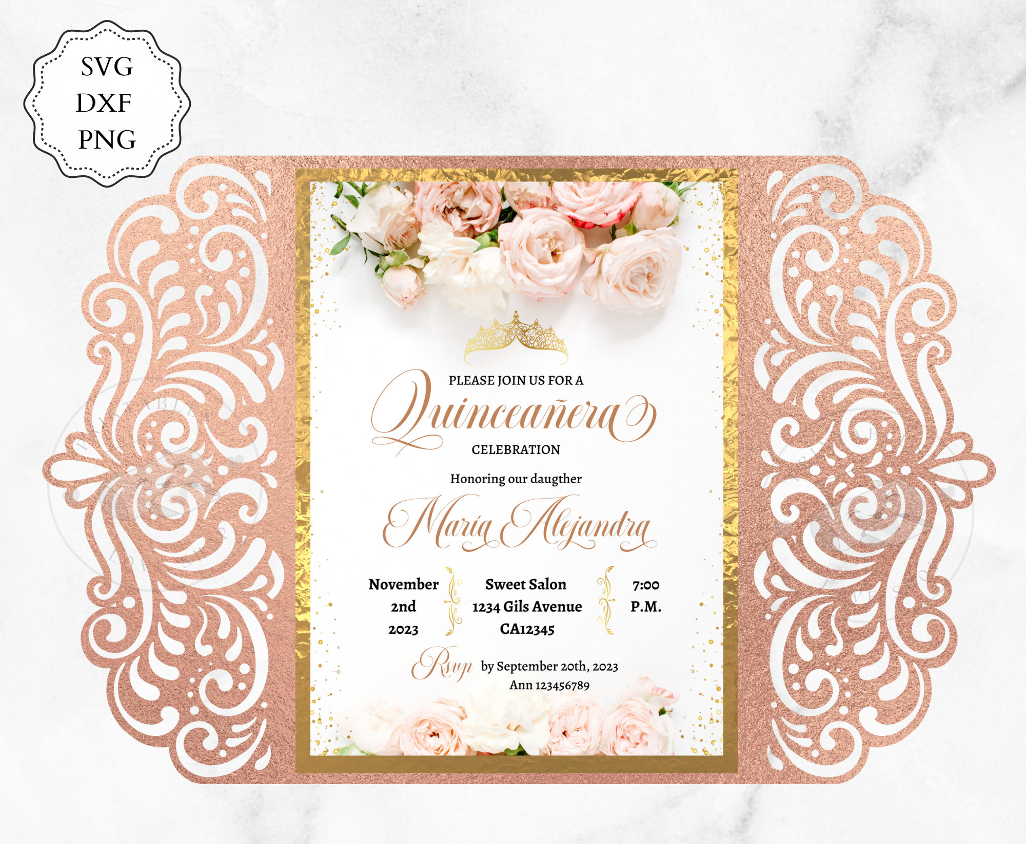 5x7" Gate Fold Swirls Quinceanera Invitation, sweet 16 invitation, Mis Quince Invitation Template SVG, DXF, PNG, Swirl Lace Card, Laser Cut