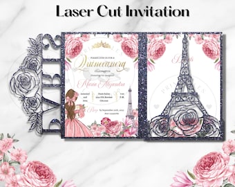 SVG Paris Invitation, 5x7 Trifold Quinceanera invitation PNG, DXF, laser cut Eiffel Tower Invitation. Mis quince, Cricut Cameo Cutting File