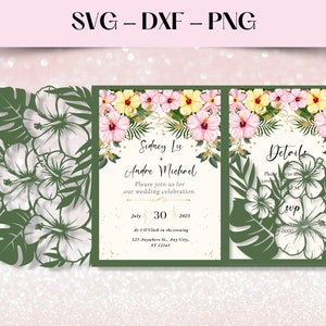 Beach Party laser cut 5x7 Tri Fold Tropical Invitation SVG, DXF, PNG, quinceanera invitation, Pocket Template Envelope, monstera leaves svg