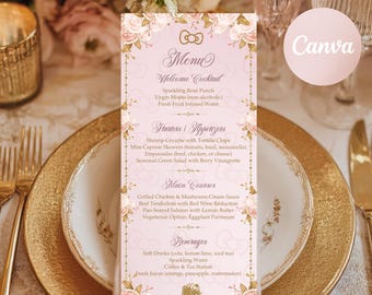Blush Pink Gold Floral Menu: 4x9" Editable Party Template (Digital Download)