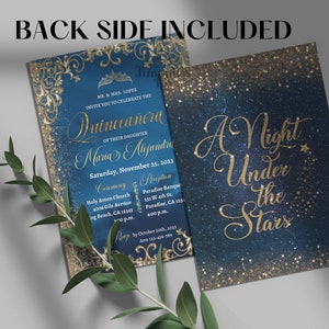 Under the Stars Quinceanera Invitation, Include Back Side, Starry Night Invitation Editable Canva Template, Glitter gold, quince invites