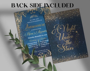 Starry Night Quinceanera Invitation: Gold Glitter, Editable Canva Template (Digital Download)