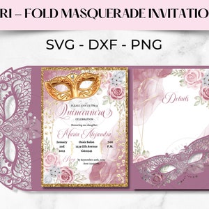 5x7 Tri Fold Mardi Gras Masquerade Invitation SVG, DXF, PNG, Quinceanera Invitation, Mardi Gras envelope svg, Mis quince invitation. Cricut