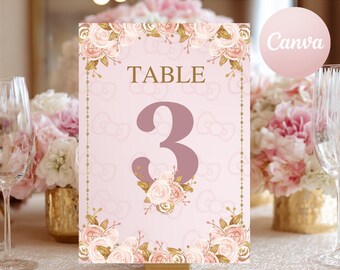 Blush Pink Gold Floral Table Numbers, Elegant Wedding Party Template (Digital Download)