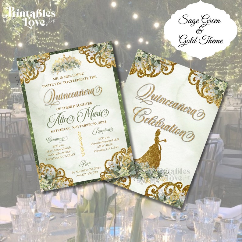 May include: Sage green and gold quincea&ntilde;era invitation with a floral design and a silhouette of a princess. The invitation includes the names Alice and Marie, the date 30 November 2024, and the text "Quincea&ntilde;era Celebration".