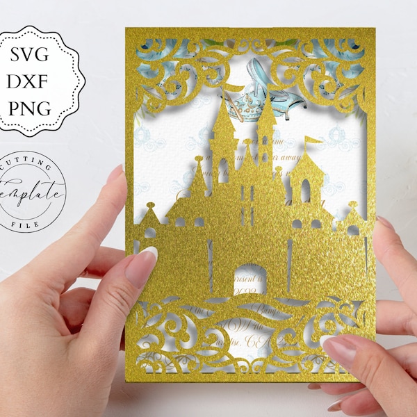SVG Castle Invitation, 5x7" Fairy Tale Castle Quinceanera Invitation DXF, PNG Envelope Template, Pocket Invitation, Laser Cut quince invites