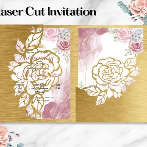 Laser cut Roses Invitation. 5x7 Trifold Quinceanera invitation SVG, DXF, PNG, Envelope Svg, Mis quince, Cricut invitations, cameo invitation