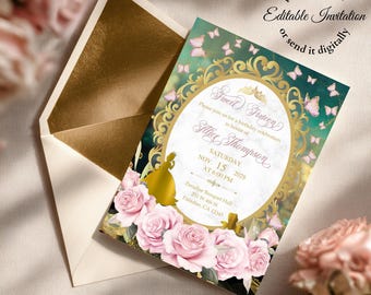 Princess Quince Invitation, Sweet 16 Tiana  · The Frog Prince · Pink Flowers · Canva Template · Instant Download