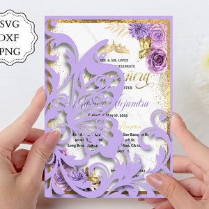 Invitation papillon SVG découpé au laser. DXF, PNG. Pour une invitation de Quinceanera 5 x 7, modèle de carte papillon, Mis Coing, Cricut Silhouette