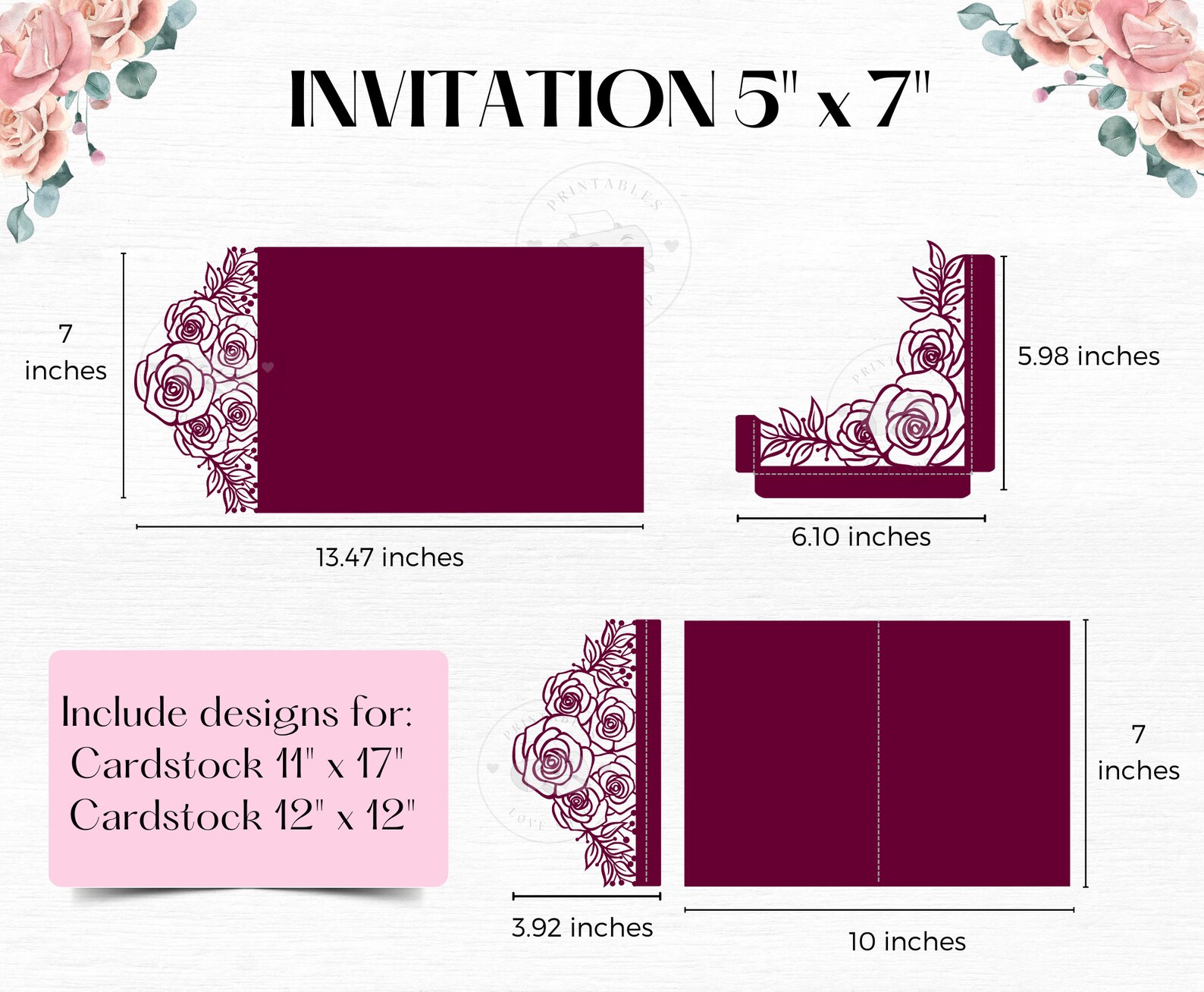 Laser Cut Roses Invitation SVG DXF PNG 5x7 Tri Fold Etsy