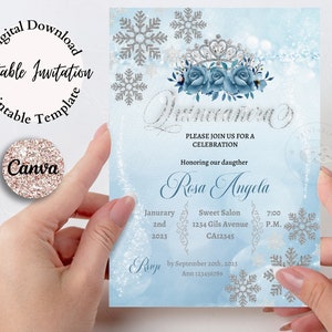 5x7 Editable Winter Wonderland Quinceanera Invitation Template, Glitter and blue flowers, Snowflakes Invitation, Sweet 16 Invitation.