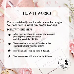 May include: A styled image with text that reads "HOW IT WORKS" and instructions for using Canva to edit printable designs. The image includes a perfume bottle, a gold spoon, and a "Jo Malone London" box, with a "Mis Quince" logo.