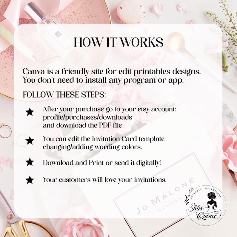 May include: A styled image with text that reads "HOW IT WORKS" and instructions for using Canva to edit printable designs. The image includes a perfume bottle, a gold spoon, and a "Jo Malone London" box, with a "Mis Quince" logo.