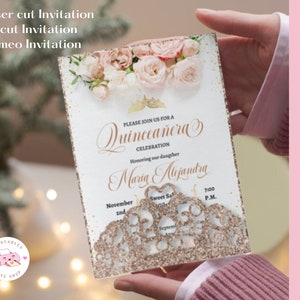 5x7&quot; Princess Crown Pocket Invitation SVG, DXF, PNG, quinceanera invitation, cut file, envelope sweet 16 invitation, laser cut template.