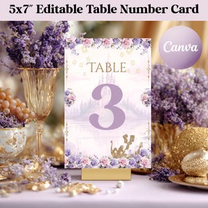 Rapunzel Table Number sign, lilac and gold, instant download, editable template, wedding table number, wedding decor, quinceanera decor