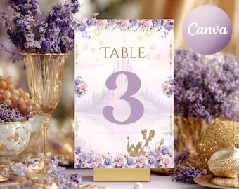 Rapunzel Table Number Sign: Lilac & Gold Wedding Decor (Editable Canva Template - PDF Download)