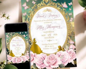 Princess Tiana Sweet 16 Invitation • Pink Floral Canva Template (Digital Download)