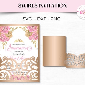 5x7 Swirls Quinceanera Invitation SVG, PNG, DXF,  svg envelope, quince invites, Cricut Invitation, Laser Cut Invitation, xv invitations