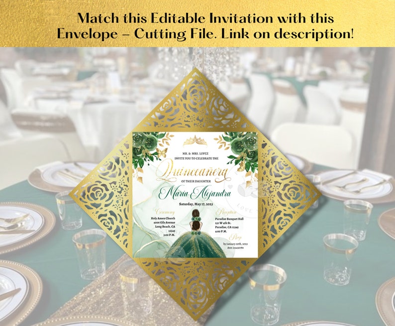 6x6 Emerald Green and Gold Quinceanera Invitation Floral Etsy