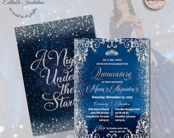 Starry Night Quinceanera Invitation: Silver & Navy (5x7 Canva Template)