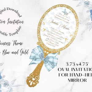 Askungen Quinceanera-inbjudan Babyblå och guld, anpassad oval 3,73 x 4,75" PDF, JPG, PNG, för handspegel, kvitteninbjudningar, digitala