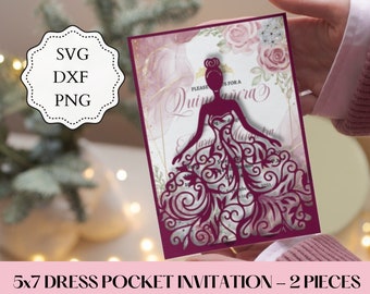5x7 Quinceanera Invitation SVG, DXF, PNG, Dress Invitation for Cutting. Sweet 16 invitation. Cricut Silhouette Cutting File Instant Download