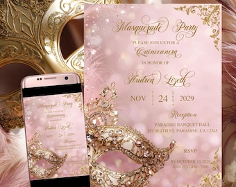 Masquerade Invitation Pink and Gold, Sweet 16, masquerade mask, venetian mask, quince invitation, digital invitation, editable template