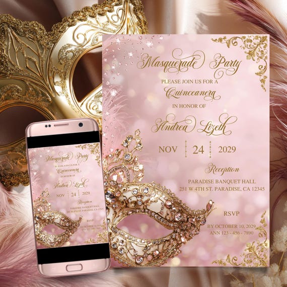Masquerade Invitation Pink and Gold, Sweet 16, masquerade mask, venetian mask, quince invitation, digital invitation, editable template