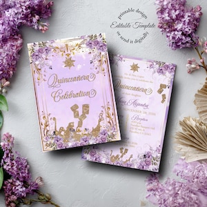 Invitación de Quinceañera Enredada: Lila y Dorado, Plantilla Editable (Digital)