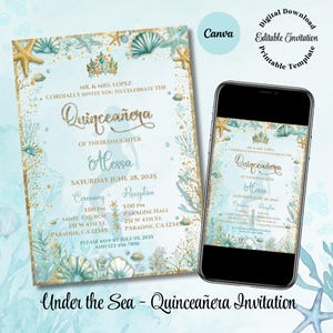 Uitnodiging voor quinceañera, Under the Sea, turkoois en goud, oceaanuitnodiging, zeemeerminuitnodiging, canvassjabloon, instant download