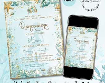 Quinceañera invitation, Under the Sea, turquoise and gold, Ocean invitation, mermaid invitation, canva template, instant download