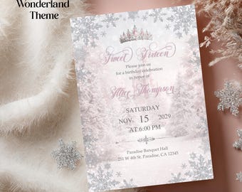 Winter Wonderland Quinceanera Invitation: Pink Castle, Snowflakes (Canva Template Digital Download)