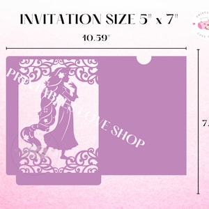 K&ouml;nnte beinhalten: Eine lilafarbene Einladungskarte mit einem Ausschnittmuster einer Frau in einem Kleid. Die Karte ist 12,7 cm x 17,8 cm gro&szlig; und mit "INVITATION SIZE 5" x 7" beschriftet. Die Karte ist auch mit "PRINTABLES LOVE SHOP" beschriftet.
