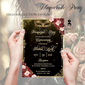Sweet 16 invitation Masquerade party, masquerade theme, masquerade mask, masquerade quinceanera, black and gold, digital invitation