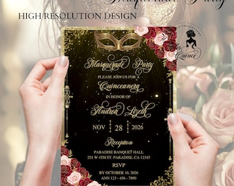 Invitación de quinceañera: negra y dorada, plantilla editable de