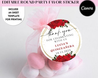 Quinceanera Party Favor Stickers: Red Roses, Gold Sparkle (Canva Template)