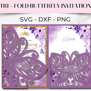 5 x 7 Tri Fold Butterfly Invitation SVG, DXF, PNG, Quinceanera Invitation, Butterfly poche enveloppe svg, Mis coing invitation, découpé au laser.