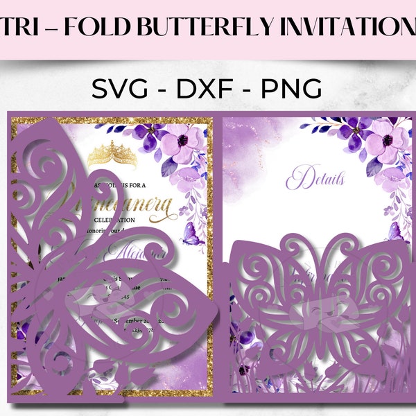 5 x 7 Tri Fold Butterfly Invitation SVG, DXF, PNG, Quinceanera Invitation, Butterfly poche enveloppe svg, Mis coing invitation, découpé au laser.