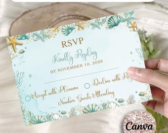 Under the Sea RSVP Card Template, Turquoise Gold, Editable Canva (5x3.5")