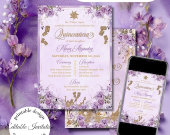 Tangled Lilac and Gold Invitation, quince invitation, tangled lattern, rapunzel invitation, princess invitation, digital invitation, sun