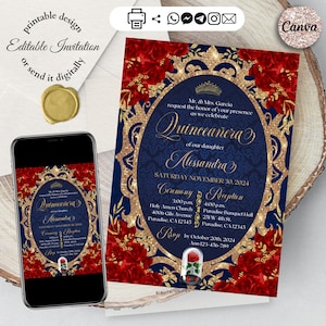 Beauty and the Beast Invitation, Editable template, one side 5x7&quot; Quinceanera Invitation, Red Roses Navy Blue Gold, Digital Invitation